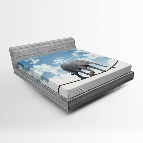Elephant Fitted Sheet, Classic Elephant Walking on Rope Heavy Large Balance Cloudy Skies, Soft Decorative Fabric Bedding, Full Size, Blue Grey White, by Ambesonne