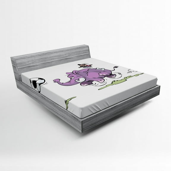 Elephant Fitted Sheet, Elephant Playing Soccer with a Kid Mario Moustache Sports Theme Football Print, Soft Decorative Fabric Bedding, Full Size, Purple White, by Ambesonne