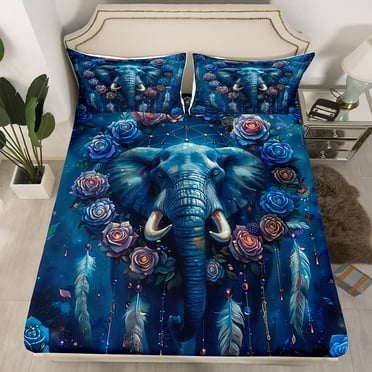Elephant Fitted Sheet Dream Catchers Sheets,Boho Flowers Feather Bed Sheets Twin,Safari Animals Bedding Set,Exotic Bohemian Decor （No Top Sheet）