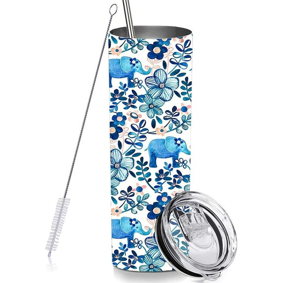 Elephant Floral Skinny Tumbler Cup with Straw Lid, 20 OZ Stainless Steel Insulated Vacuum Blue Slim Travel Coffee Mug for Elephant Lover