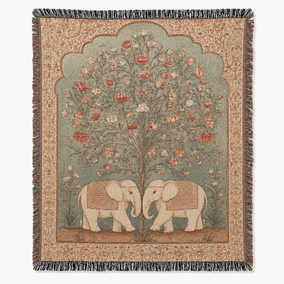 Elephant Floral Tree Woven Cotton Throw Blanket with Fringe