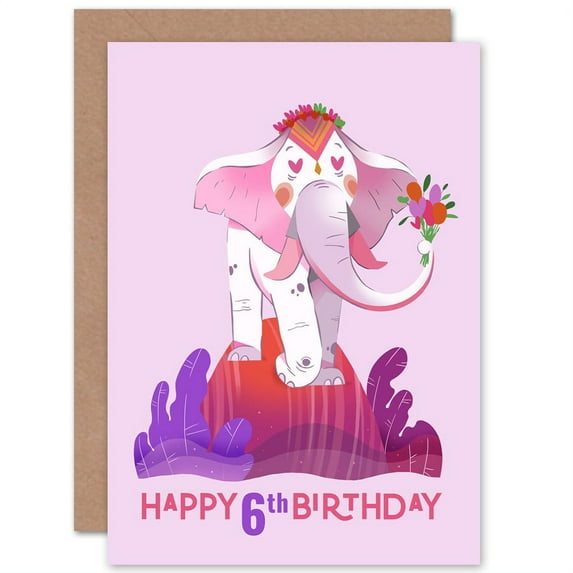 Elephant Flower 6th Birthday Greetings Card Plus Envelope Blank inside