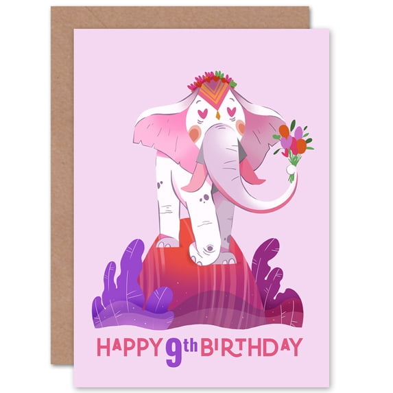 Elephant Flower 9th Birthday Greetings Card Plus Envelope Blank inside