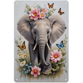 Elephant With Flower Oil Painting Vintage Aluminum Tin Sign - Young Elephant Calf Vintage Portrait Metal Sign, 8x12 Inches, Sweet Wildlife Art Wall Decor for Home Decor Animal Themed Room