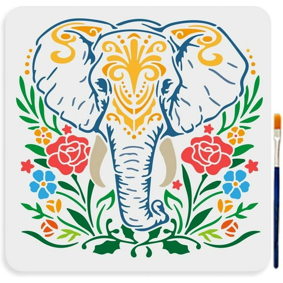 Elephant Flower Stencil 11.811.8inch Reusable Elephant Animal Painting Template Plants Flowers Leaves Plastic Template with Paint Brush for Painting on Wood Wall Fabric Home Decor 1set DIY