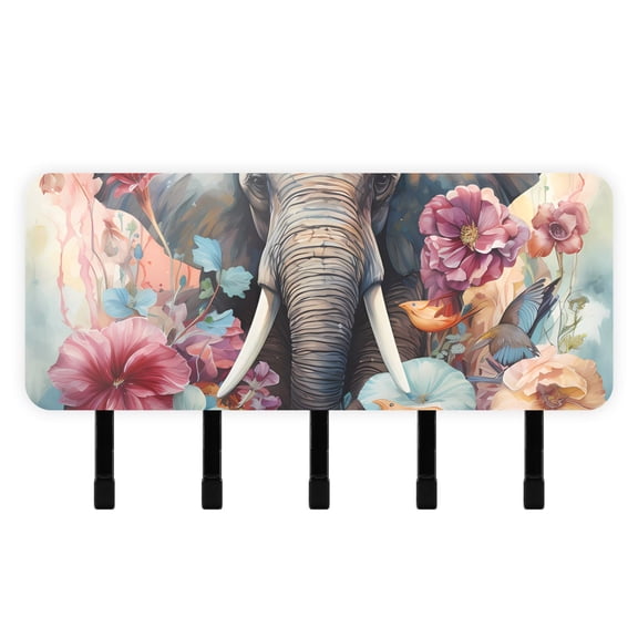 Elephant Flowers Floral Mail Holder Organizer Wall Mount with Shelf Key Holder Key Rack with 5 Key Hooks for Wall Decorative