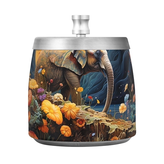 Elephant Flowers and Moon Butterflies Ashtray with Lid Smell Proof Cigarette Ashtray Stainless Steel Smokeless Ash Holder for Indoor Outdoor