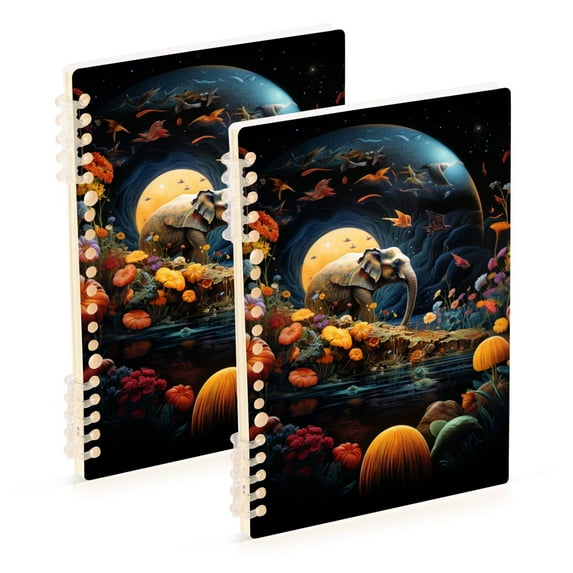 Elephant Flowers and Moon Butterflies Ring Binder Notebook Journey Note Diary College Ruled Spiral Notebook Study Loose Leaf Paper A5 60 Pages