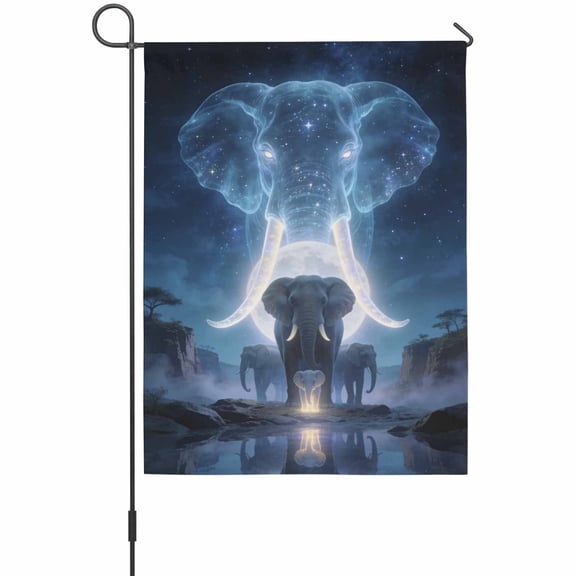 Elephant Garden Flag 12 x 18 Inches, Watercolor Elephant Fantasy Moon Forest Tree Natural Scenery Weather Proof Outdoor Patio Flags Double Sided Small Garden Decoration for Yard Outside Home