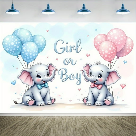 Elephant Gender Reveal Backdrop Boy Or Girl Newborn Shower Photography Background Blue Pink Balloons Hearts Baby Shower Birthday Party Decorations Banner Supplies Photo Booth Props