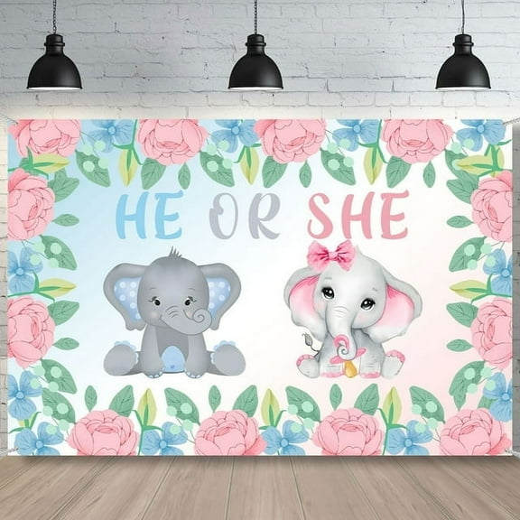 Elephant Gender Reveal Backdrop Pink or Blue Flowers Baby Shower Photography Background He or She Gender Reveal Party Banner Cake Table Decorations Backdrops 5x3ft