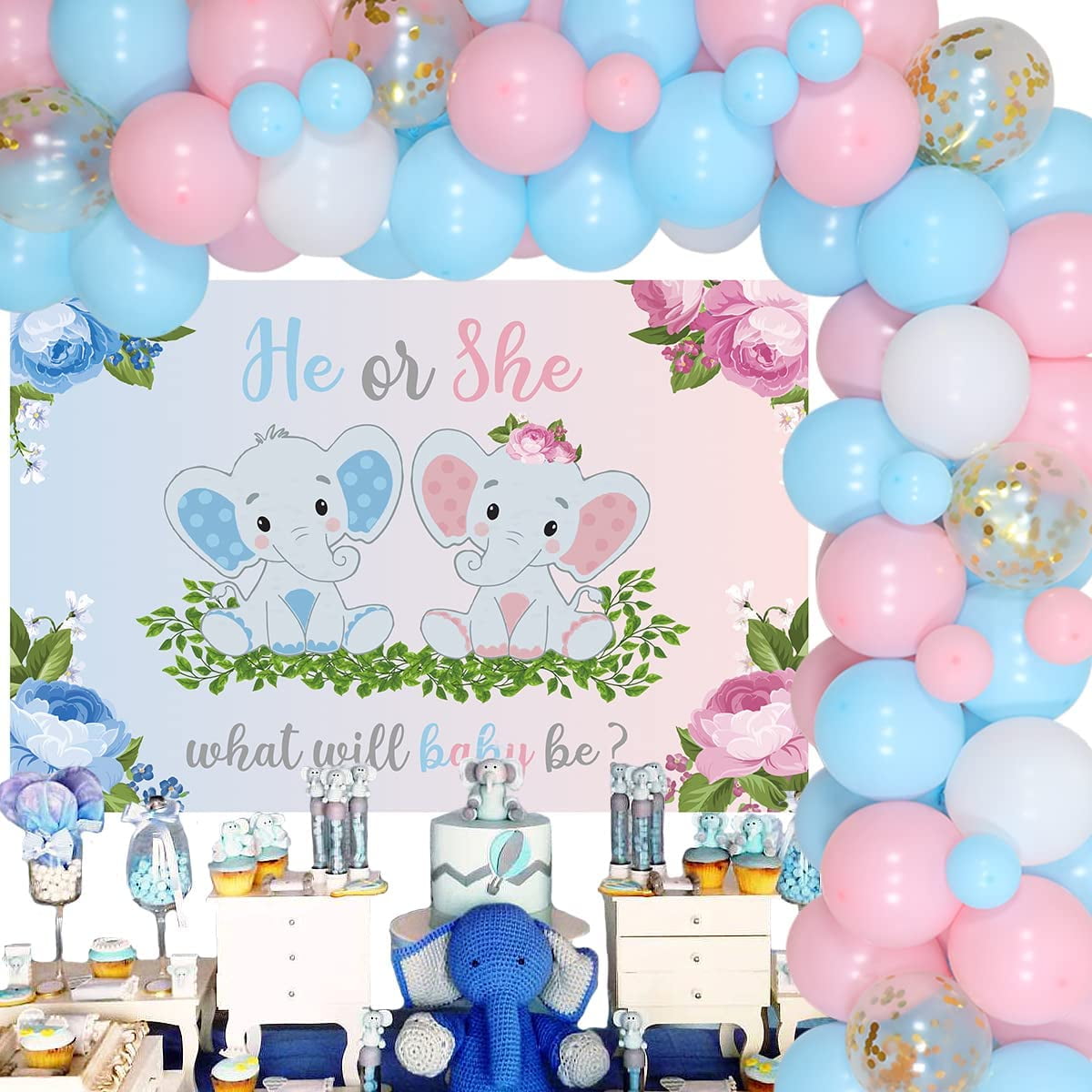 Elephant Gender Reveal Decorations Balloon Garland Arch Kit Blue
