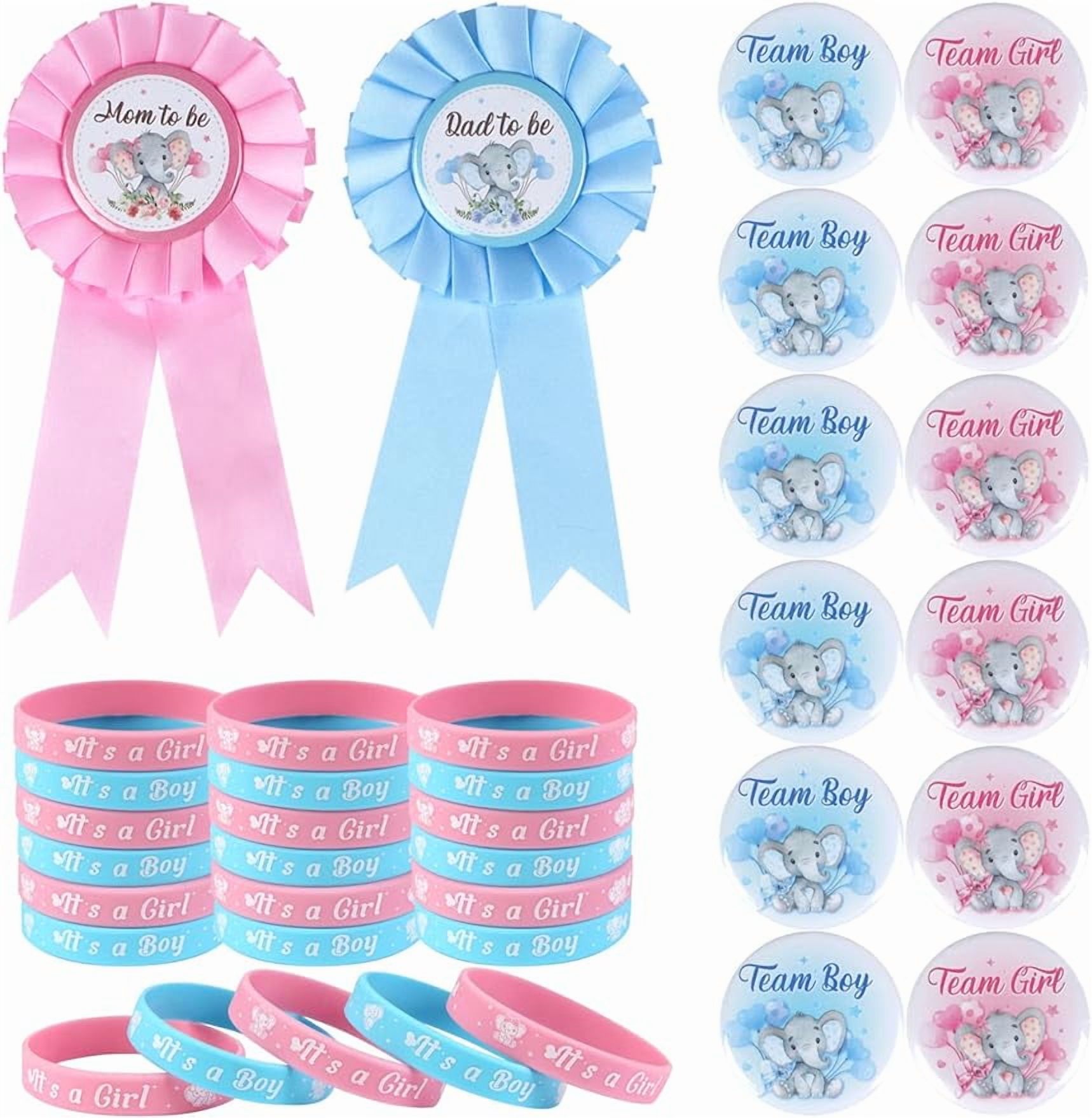 Elephant Gender Reveal Party Favors, Daddy to Be Mom to Be Tinplate Badge Pin, Gender Reveal Button Silicone Wristbands for Baby Shower Team Boy Team Girl Gender Reveal Party Favors Supplies