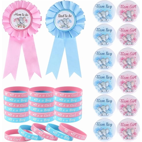 Elephant Gender Reveal Party Favors, Daddy to Be Mom to Be Tinplate Badge Pin, Gender Reveal Button Silicone Wristbands for Baby Shower Team Boy Team Girl Gender Reveal Party Favors Supplies
