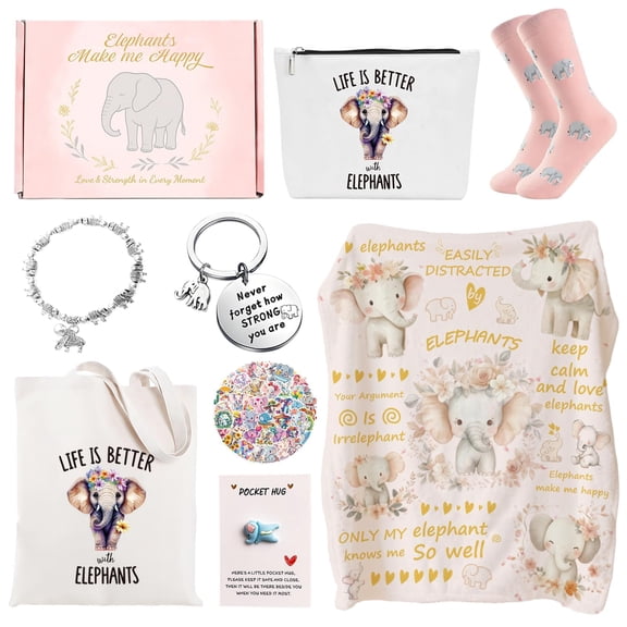 Elephant Gifts for Women, 8pcs Animal Gift Set With Elephant Blanket,Birthday Present With Tote Bag,Novelty Socks For Daughter,Mom,Sister,Friends Y101
