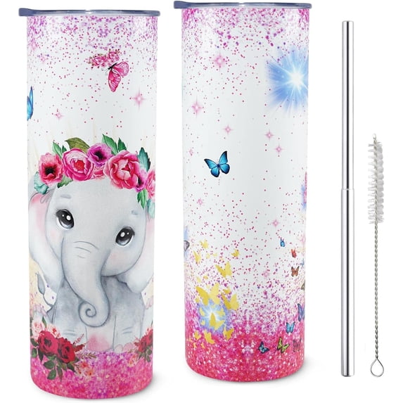 Elephant Gifts for Women Tumbler with Lid and Straw - Elephant Coffee Mug for Mothers Day Birthday Gifts for Women Mom - 20 oz Skinny Stainless Steel Cup