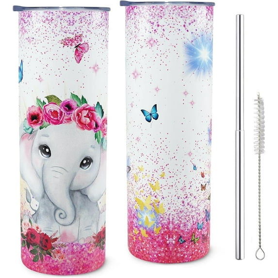 Elephant Gifts for Women Tumbler with Lid and Straw, Elephant Coffee Mug for Christmas Birthday Gifts,20 oz Skinny Stainless Steel Tumblers, Travel Mugs Insulated for Hot and Cold Drink