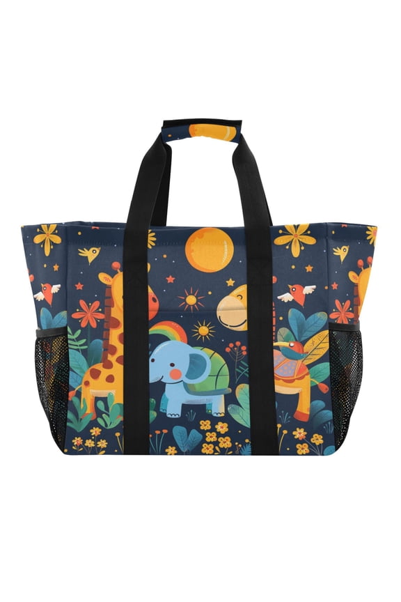 Elephant Giraffe Flowers Reusable Grocery Bags with Handle Side Pocket Waterproof Shopping Portable Tote