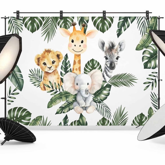 Elephant Giraffe Lion Backdrop for Photoshoot,Photography Photo Studio Background Wall Backdrop,Eucalyptus Leaves Cute Animals Back Drop Banner Panel for Portraits Wedding Party Live Streaming 12x8Ft