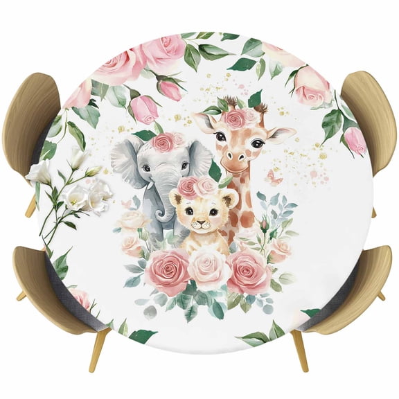 Elephant Giraffe Lion Round Tablecloth 45-54 Inch Round Fitted Table Cloth with Elastic Edge, Botanical Flowers Leaves Animals Waterproof Table Cover Protector for Outdoor Picnic Party Dining