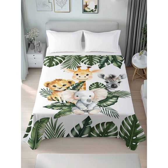 Elephant Giraffe Lion Twim Size Flat Sheet, Wrinkleproof & Fadeproof Cooling Flat Bed Sheet Only, Eucalyptus Leaves Cute Animals Breathable Soft Bedding Top Sheets 66 x 96 Inches