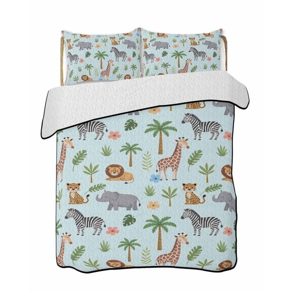 Elephant Giraffe Quilts Bedding Set California King Lion Zebra Pink Flower Tropical Plant Animal Blue Lightweight Quilted Bedspread 3 Piece Bed Quilt with 2 Pillow Shams for Bedroom 96" x 106"