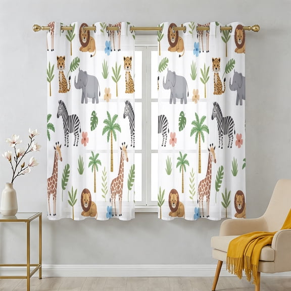 Elephant Giraffe Sheer Curtains 39 Inch Long 2 Panels, Lion Zebra Blue Flower Tropical Plant Animal Light Filtering Semi Sheer Drapes Grommet Voile Window Curtain for Living Bedroom W27.9 x L39