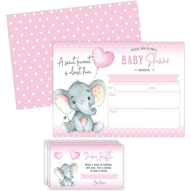 Elephant Girl Baby Shower Invitations, Peanut Baby Shower Invites with Diaper Raffles Cards, Sprinkle, 20 Invites Including Envelopes