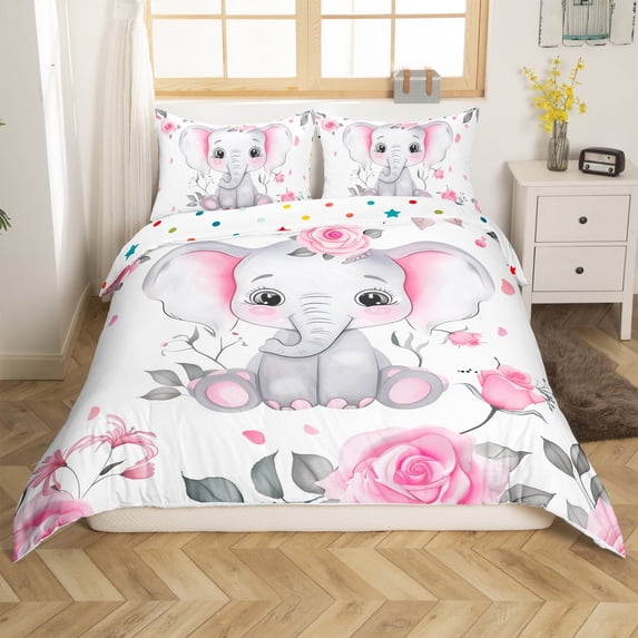 Elephant Twin Bedding Set Grey Leaves Pink Rose Flower Comforter Cover Kawaii Room Decor,Cute Floral Animal Duvet Cover,Plant Wildlife Bedspread Cover 1 Pillow Case(No Comforter)