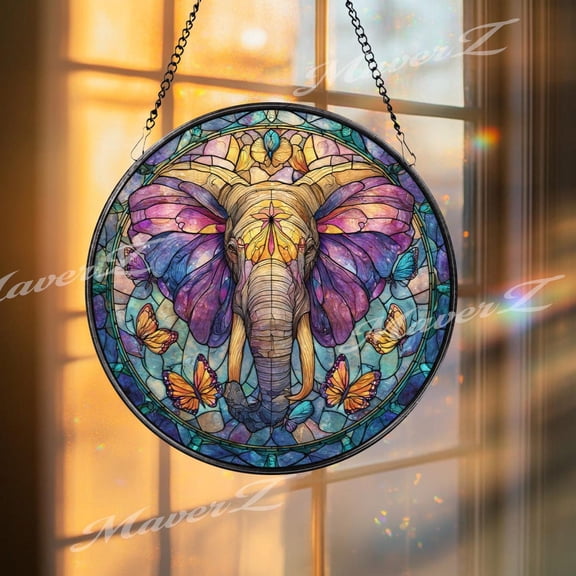 Elephant Glass Suncatcher, Round Window Panel Butterfly Wings, Fantasy Art, 3.5 in