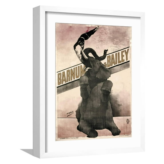 Art.com Elephant Gray Barnum and Bailey Giclee Print, White Frame Wall Art, 17" x 21"