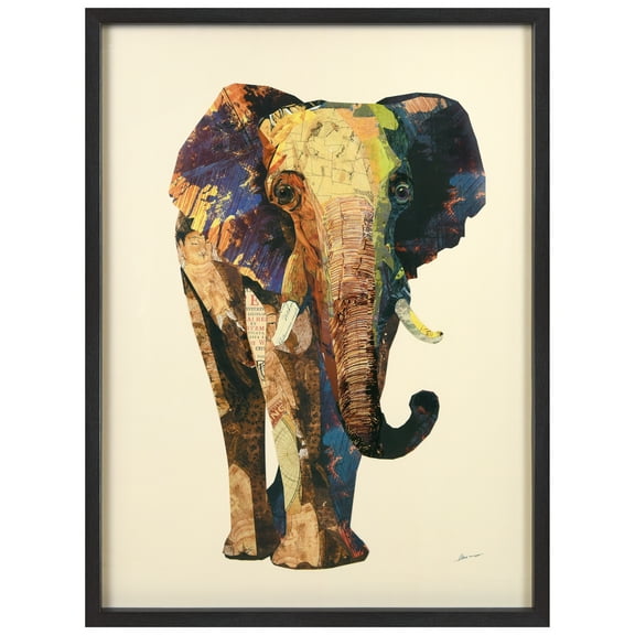 "Elephant" Hand-made dimensional art collage, under glass, encased on a black shadow box frame, signed by EAD Co-op artist Alex Zeng