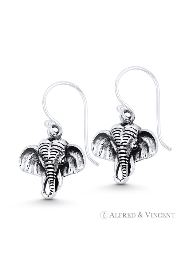 Elephant Head Animal Charm Dangling Hook Earrings in Oxidized .925 Sterling Silver