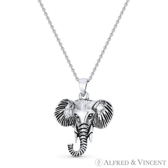 Elephant Head Animal Charm Pendant & Cable Chain Necklace in .925 Sterling Silver