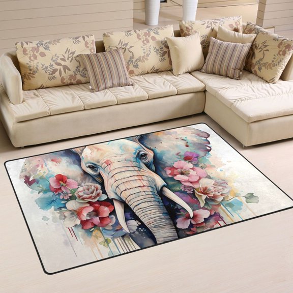 Elephant Head Flowers Area Rug Washable Floor Carpet Mat 60 x 39 inch for Bedroom Living Room Kids Room Home Decor