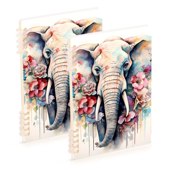 Elephant Head Flowers Ring Binder Notebook Journey Note Diary College Ruled Spiral Notebook Study Loose Leaf Paper A5 60 Pages