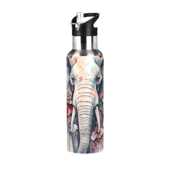 Elephant Head Flowers Sports Water Bottle with Straw Lid Insulated Stainless Steel Leak Proof BPA Free Thermal Mug with Handle for Gym Yoga Cycling Camping
