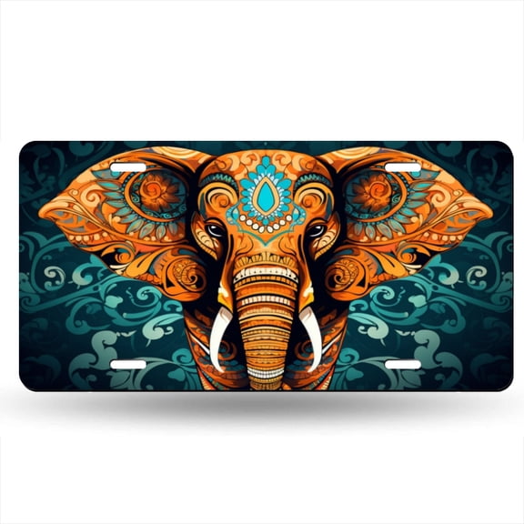 Elephant Head With Vibrant Orange And Blue Patterns Decorative Signboard, Decorative Metal Plate with 4 Holes, 6x12inch Artistic Plate Frame