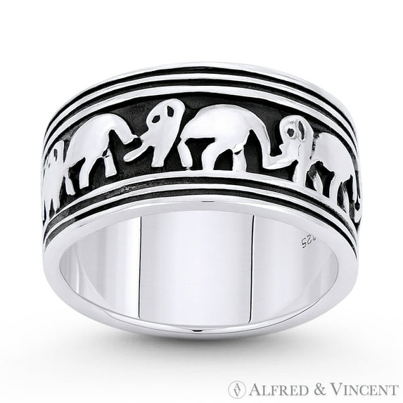 Elephant Herd Animal Charm Right-Hand 9mm Eternity Band in Oxidized .925 Sterling Silver