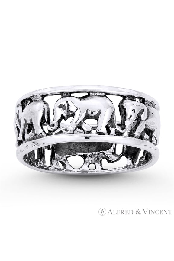 Elephant Herd Animal Charm Right-Hand Eternity Band in Oxidized .925 Sterling Silver