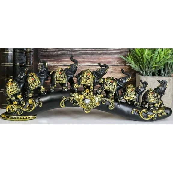 Elephant Herd On Great Migration On Black Tusk With Golden Scrollwork Figurine