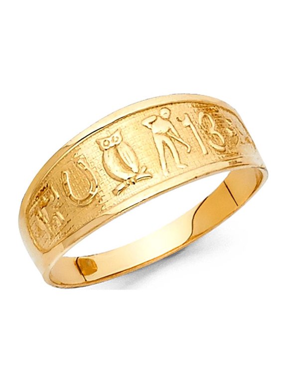 Elephant Horseshoe Owl 13 Clover Ring Solid 14k Yellow Gold Good Luck Charm Band Polished 7MM, Size 9