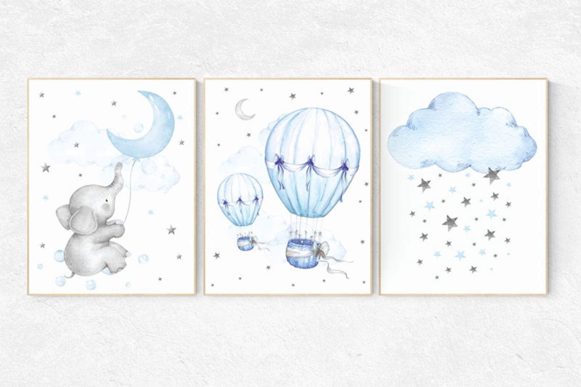 Elephant Hot Air Balloon Blue And Gray Nursery Wall Art Prints, Nursery ...
