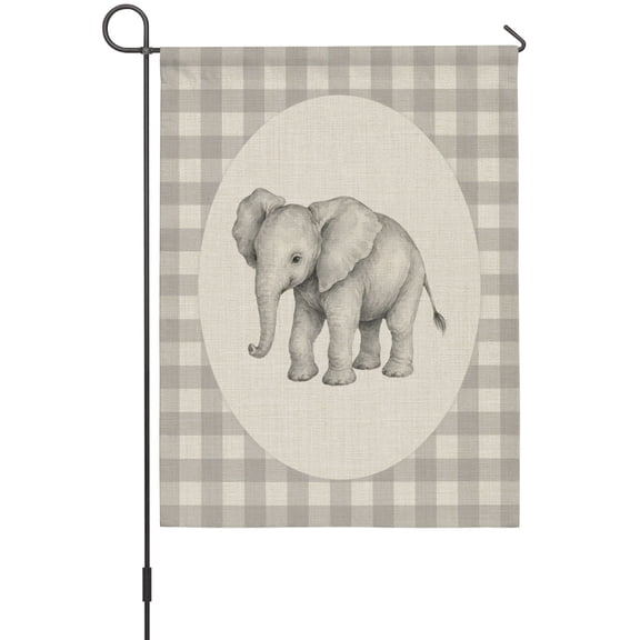 Elephant House Flag 28 x 40 Inches, Gray Plaid Modern Funny Animal Rustic Weather Proof Outdoor Patio Flags Double Sided Small House Decoration for Yard Lawn Outside Home
