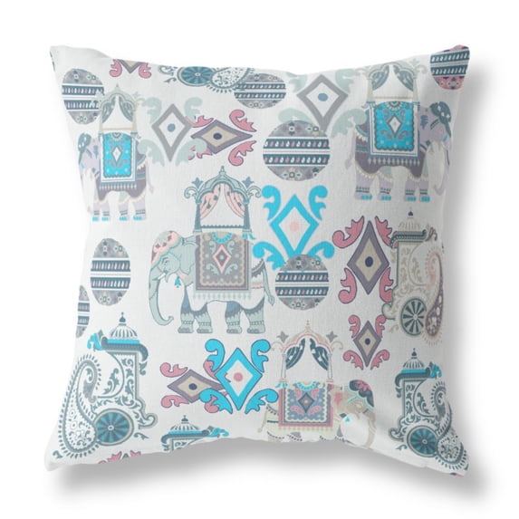 Elephant Howdah Indoor/Outdoor Pillow with Removable Cover in Beige Blue 20x20