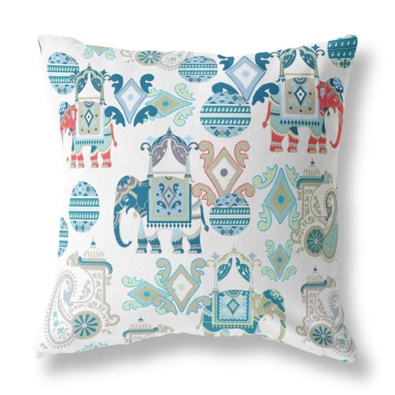 Elephant Howdah Indoor/Outdoor Fabric Pillow with Zip in Blue White 26x26