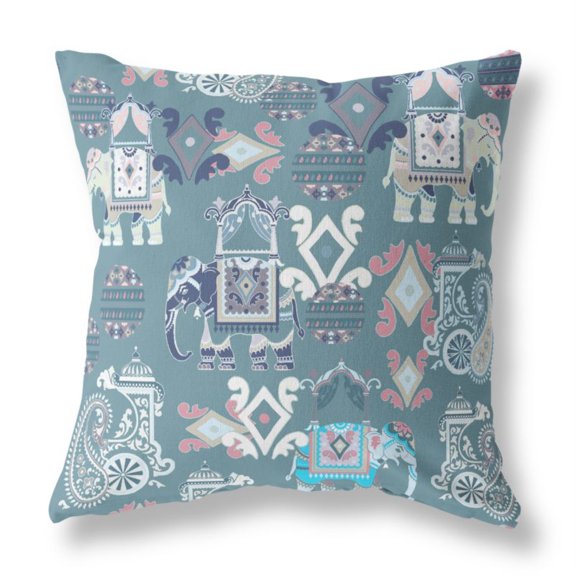 Elephant Howdah Indoor/Outdoor Pillow with Removable Cover in Gray White 16x16