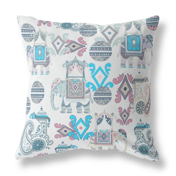 Elephant Howdah Faux Suede Fabric Throw Pillow in Beige and Blue 18x18