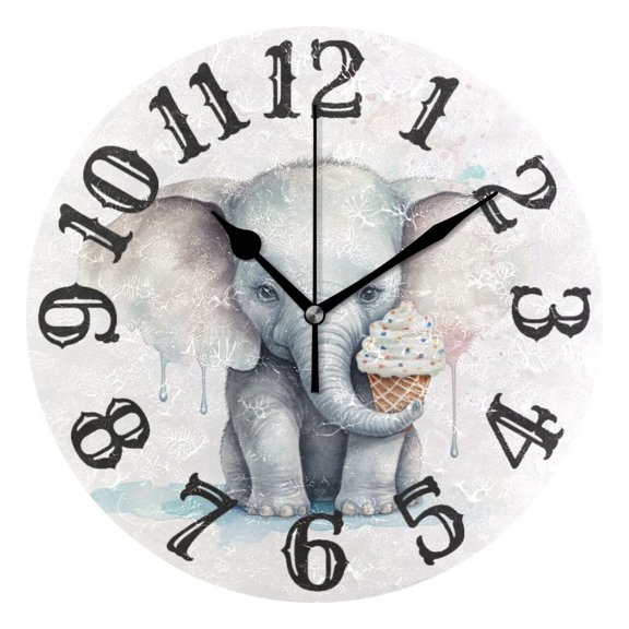 Elephant Ice Cream 10 inch Wall Clocks Non Ticking Easy to Read Battery Decorative for Home Bathroom Kitchen Bedroom Living Room