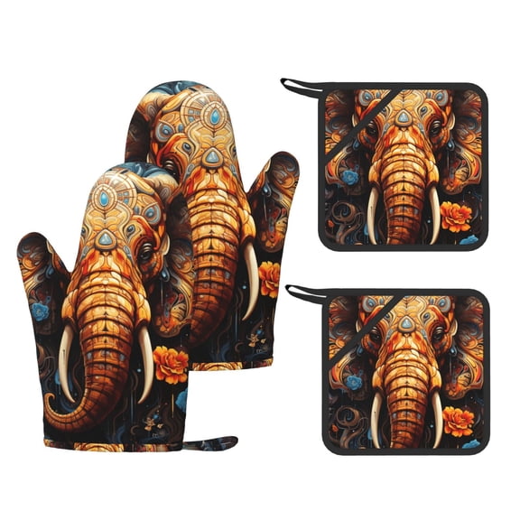 Elephant Indian Psychedelic 4-Piece Silicone Oven Gloves and Pot Holders Set Hot Pads for Kitchen Cooking BBQ Baking Chefs Cooks
